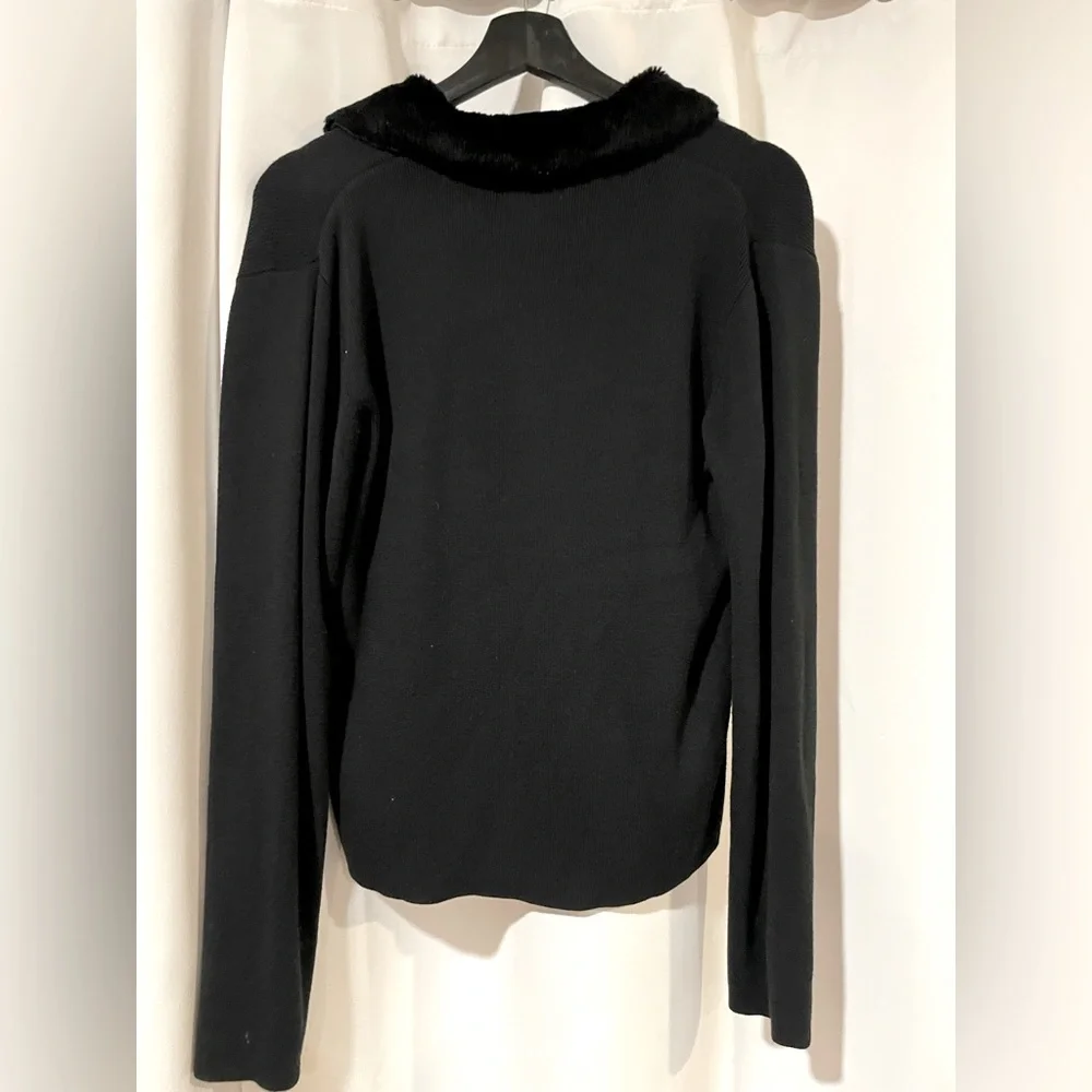 Vintage Kathy Lee Black Button Up Sweater Cardigan with Faux Fur Collar - Picture 2 of 4